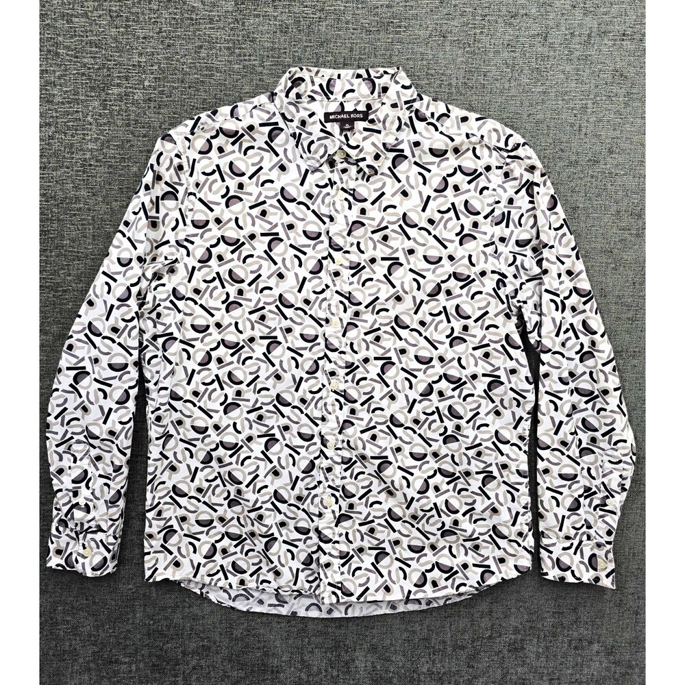 Michael Kors Mens XL White Black Gray Geometric Logo Print Long Sleeve Button Up